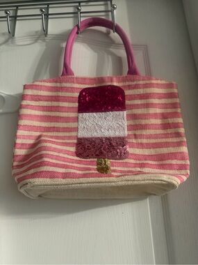 Mud Pie Pink & Cream Striped Tote with Sequin Popsicle Accent